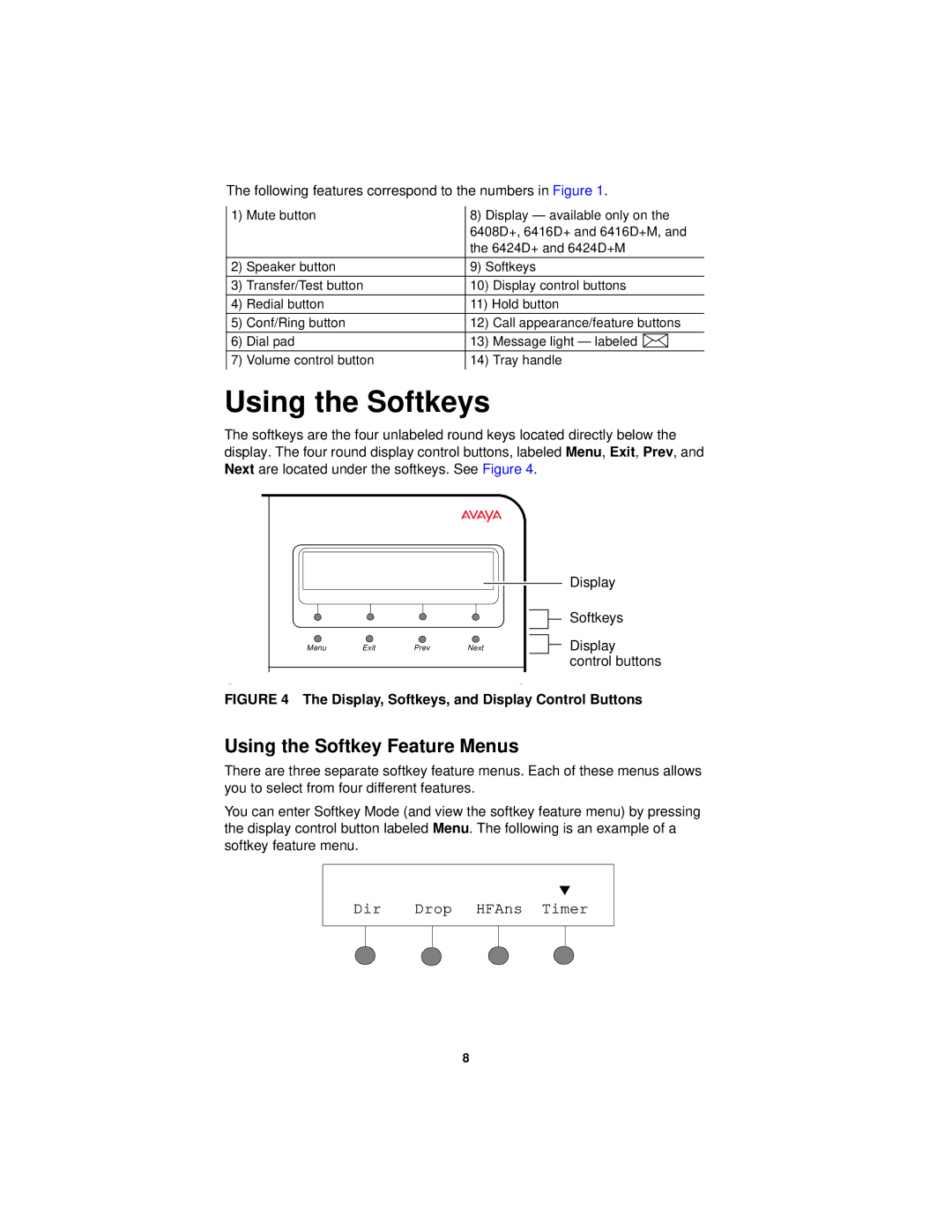 Avaya 6424D+M, 6416D+M, 6408D+, 6408+ manual Using the Softkeys, Display, Softkeys, and Display Control Buttons 
