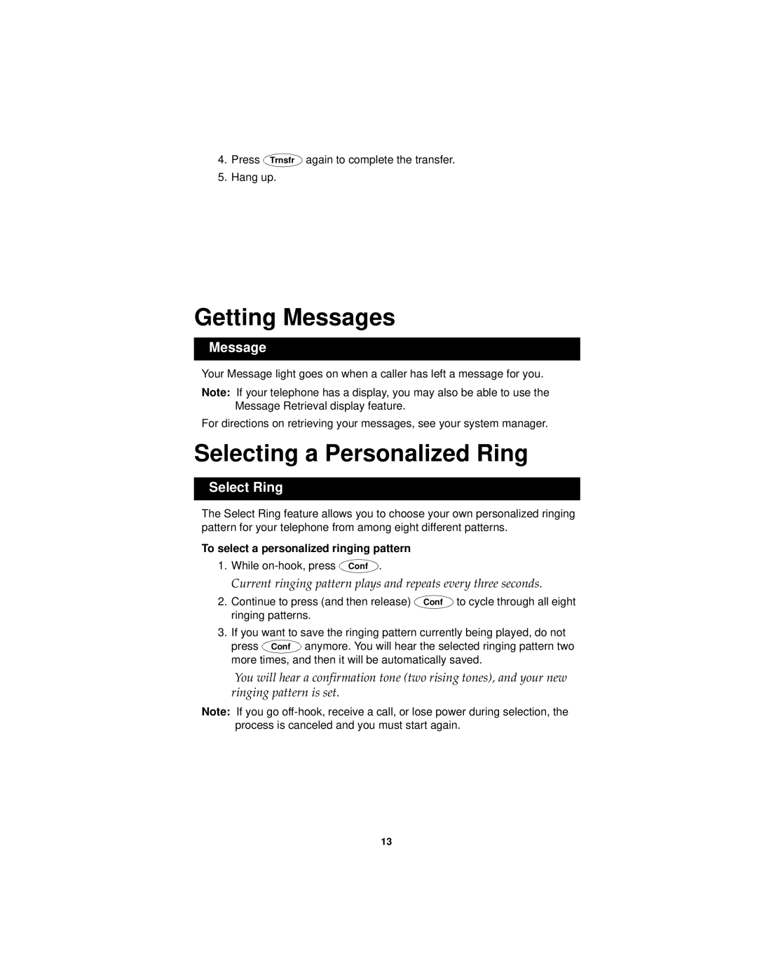 Avaya 6408D+, 6408+ Getting Messages, Selecting a Personalized Ring, Select Ring, To select a personalized ringing pattern 