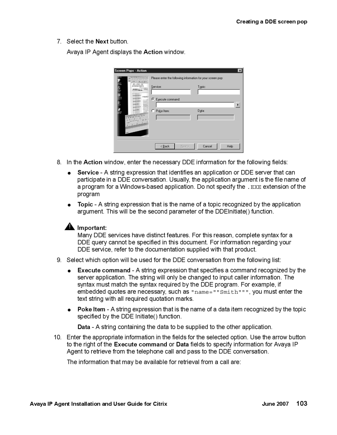 Avaya 7 manual Creating a DDE screen pop 