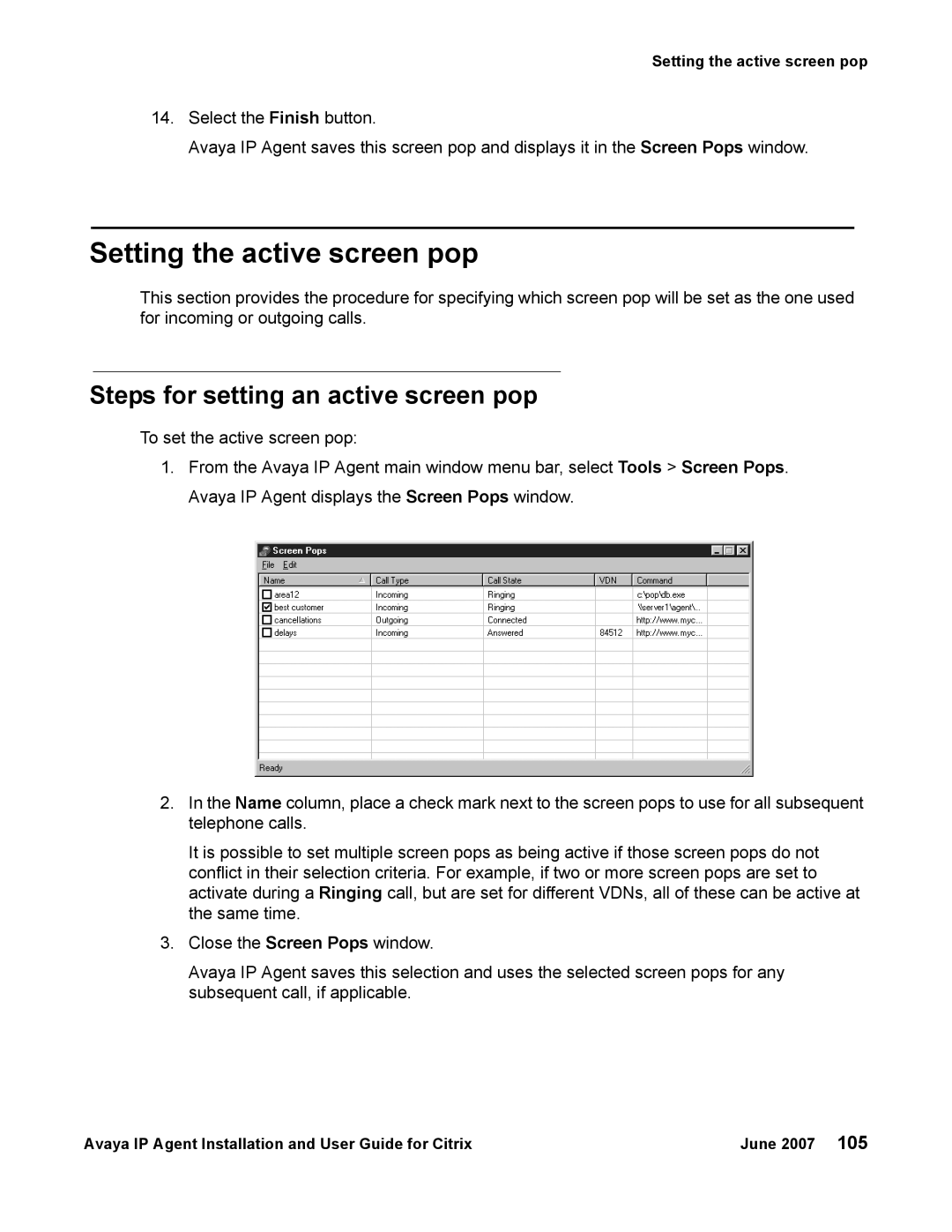 Avaya 7 manual Setting the active screen pop, Steps for setting an active screen pop 