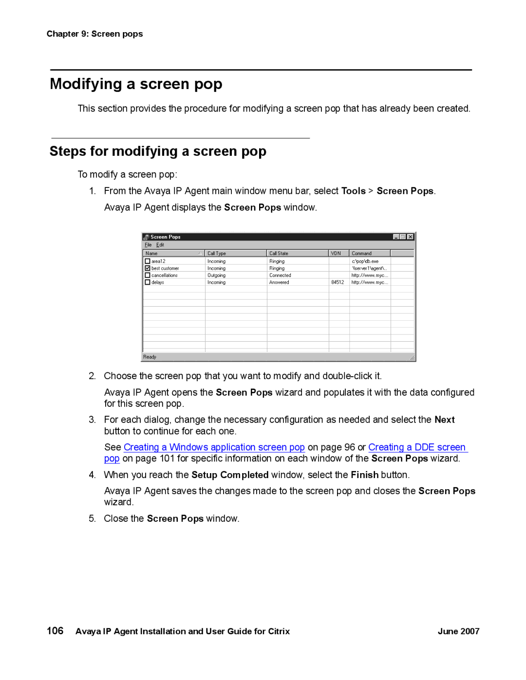 Avaya 7 manual Modifying a screen pop, Steps for modifying a screen pop 