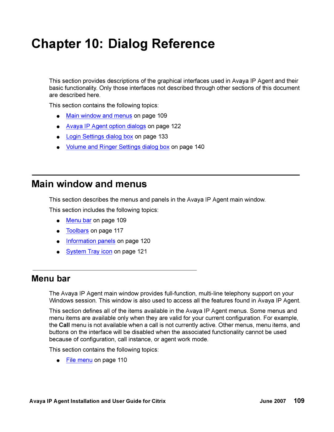 Avaya 7 manual Dialog Reference, Main window and menus, Menu bar 