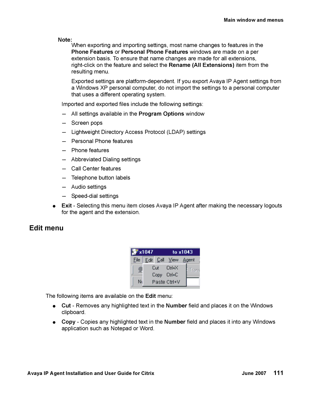 Avaya 7 manual Edit menu 