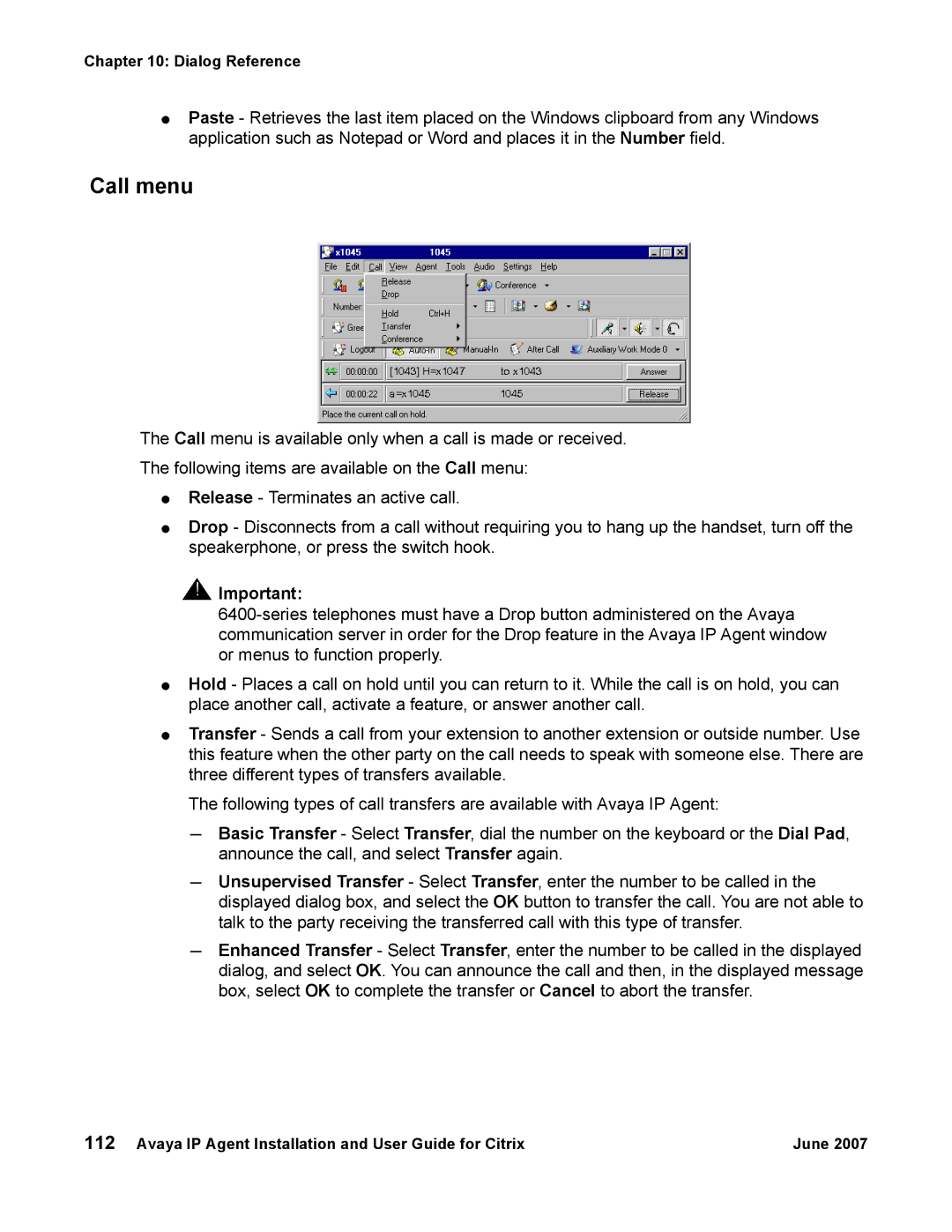 Avaya 7 manual Call menu 