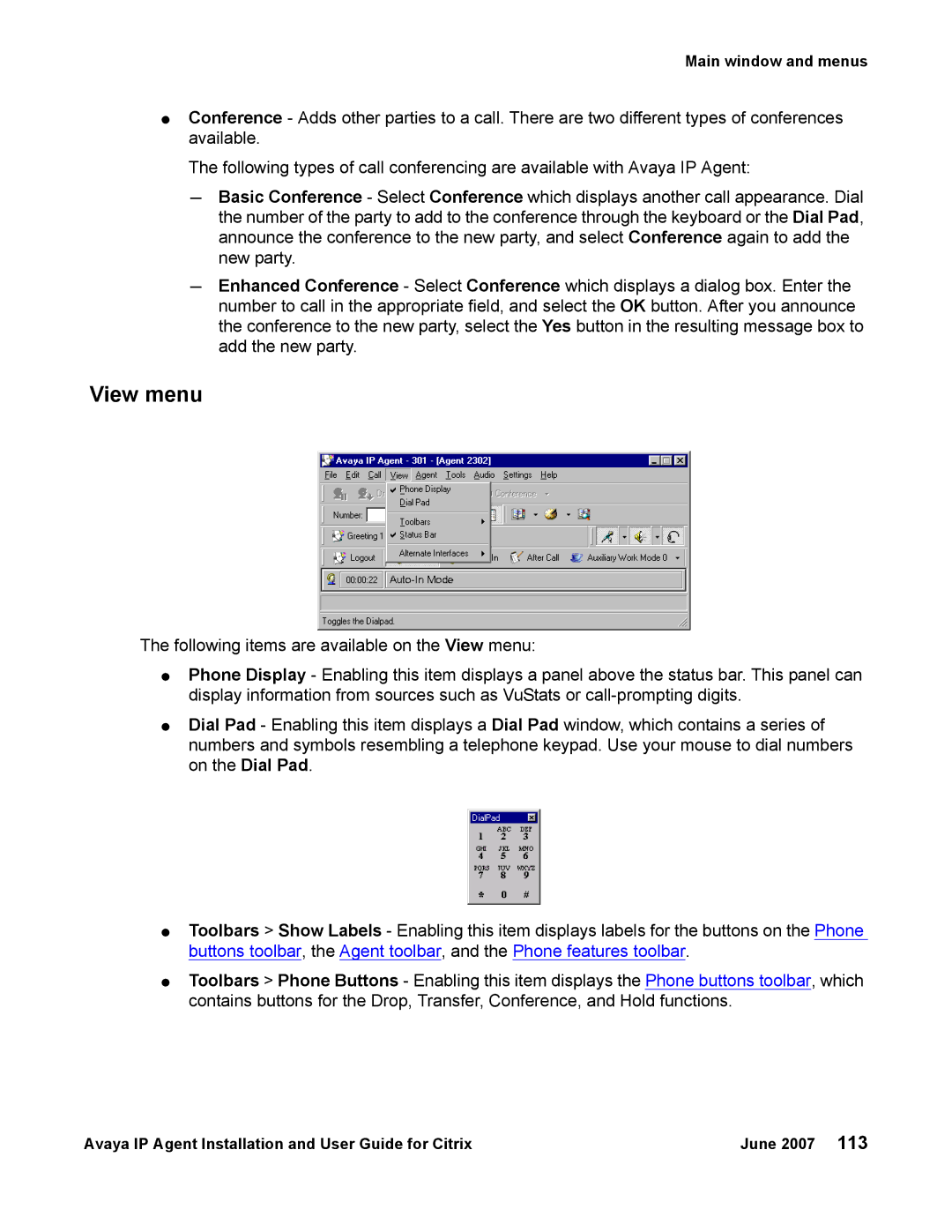 Avaya 7 manual View menu 