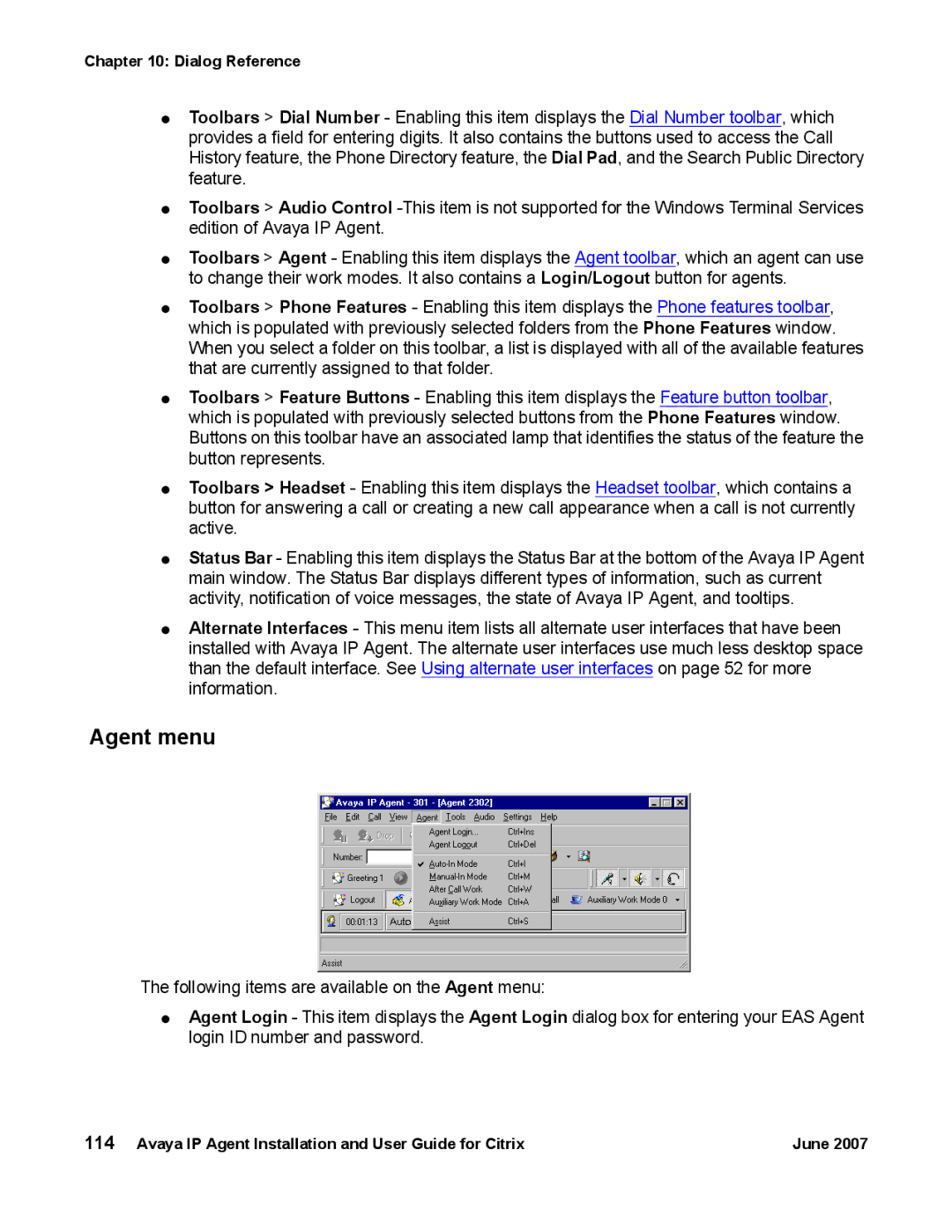 Avaya 7 manual Agent menu 