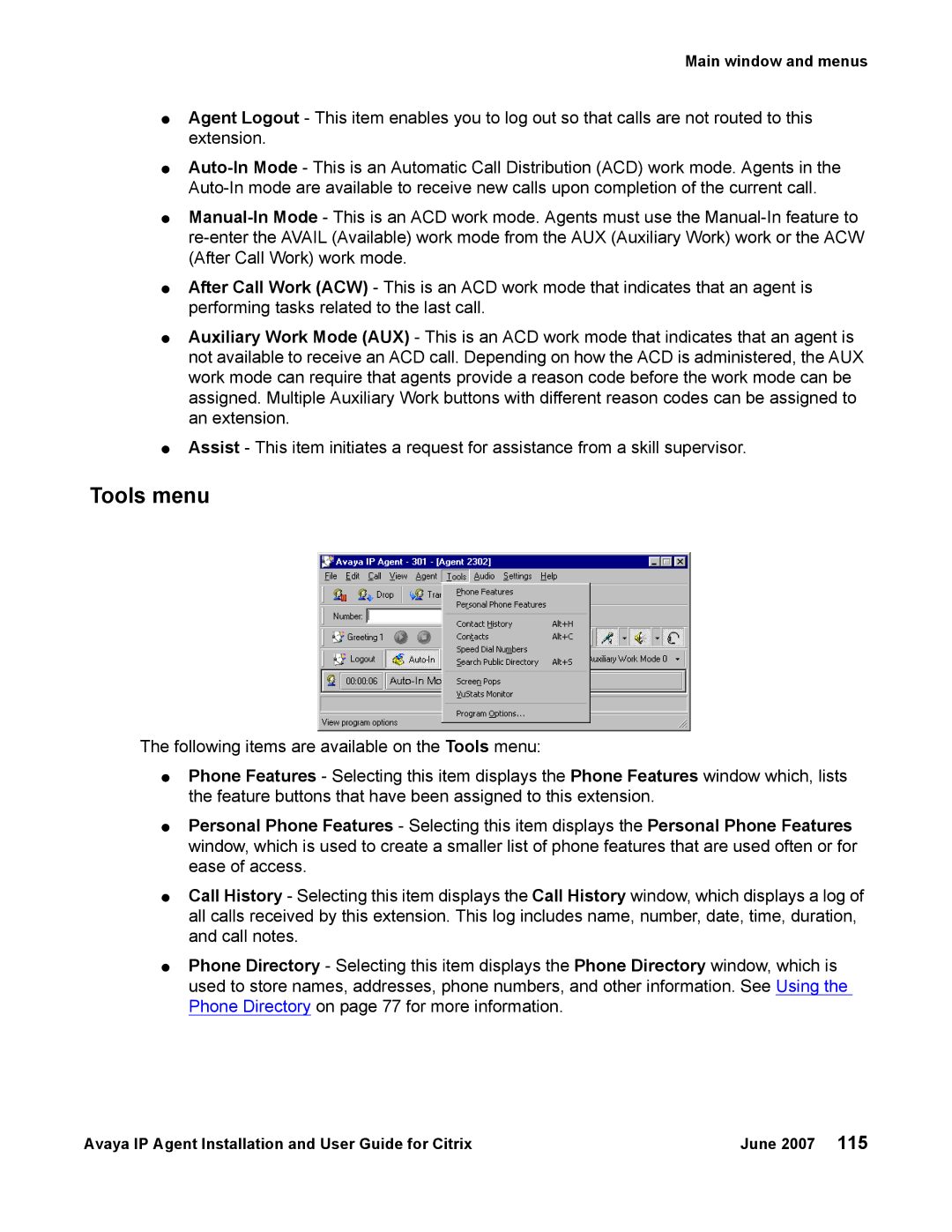 Avaya 7 manual Tools menu 