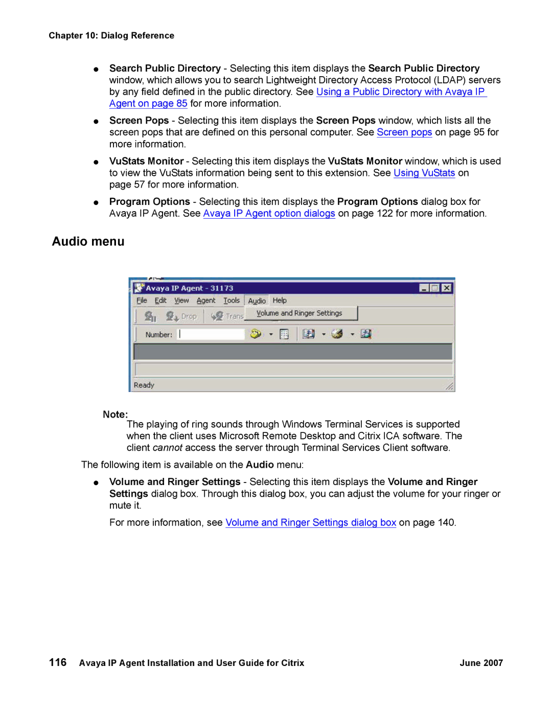 Avaya 7 manual Audio menu 