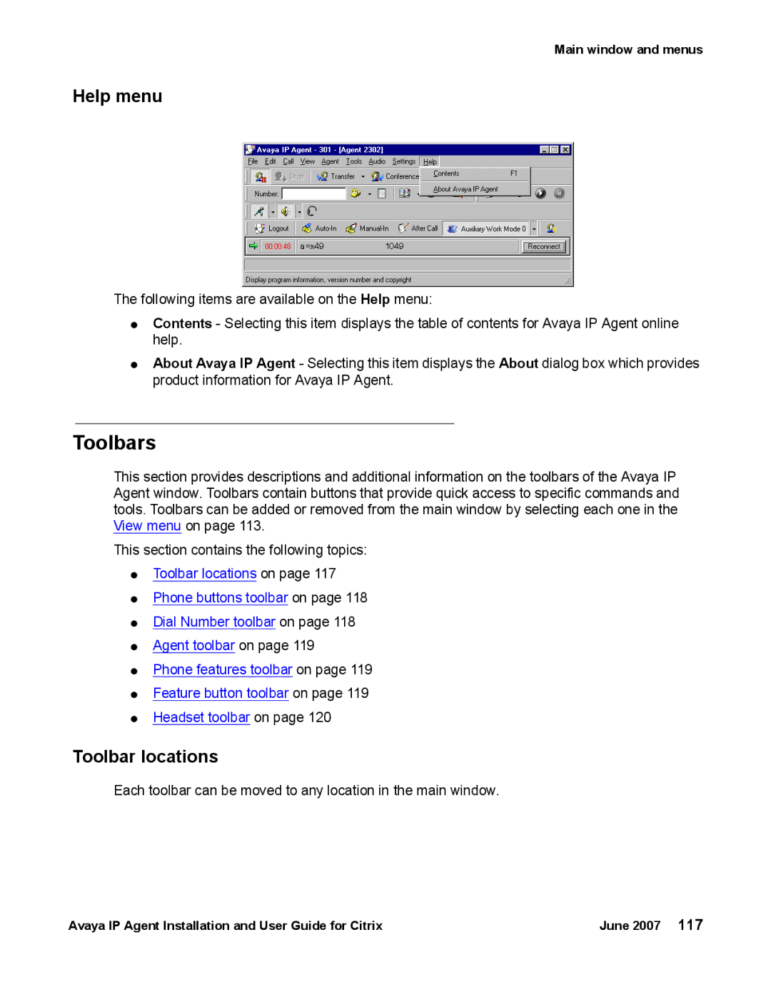 Avaya 7 manual Toolbars, Help menu, Toolbar locations 