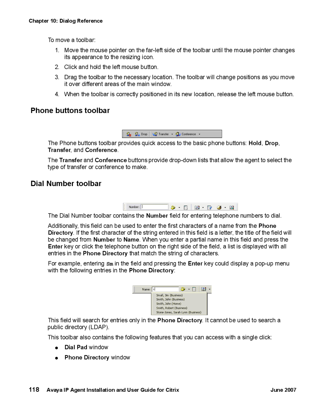 Avaya 7 manual Phone buttons toolbar, Dial Number toolbar, Dial Pad window Phone Directory window 