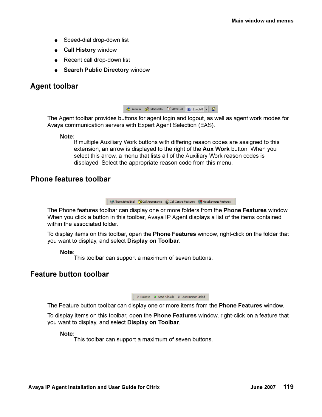 Avaya 7 Agent toolbar, Phone features toolbar, Feature button toolbar, Call History window, Search Public Directory window 