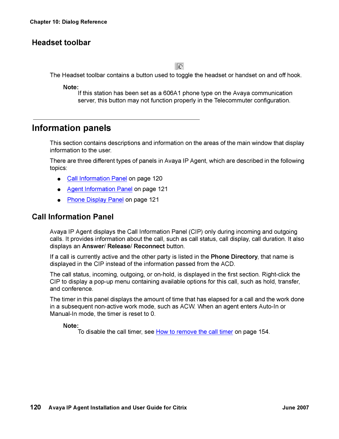 Avaya 7 manual Information panels, Headset toolbar, Call Information Panel 