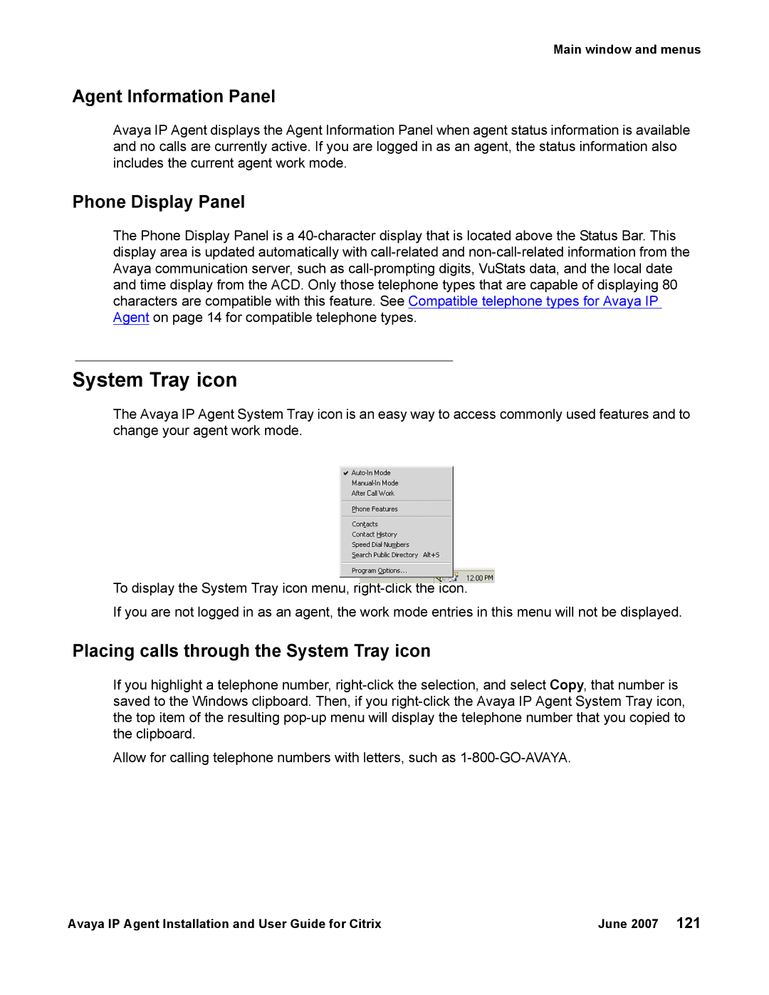 Avaya 7 manual Agent Information Panel, Phone Display Panel, Placing calls through the System Tray icon 