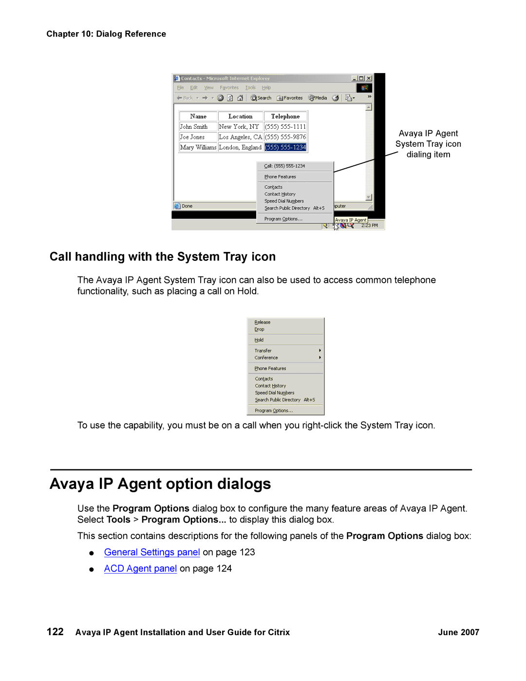 Avaya 7 manual Avaya IP Agent option dialogs, Call handling with the System Tray icon 