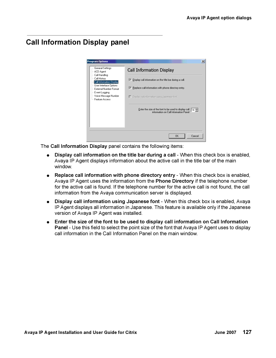 Avaya 7 manual Call Information Display panel 