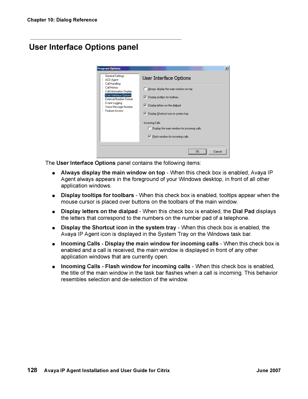 Avaya 7 manual User Interface Options panel 