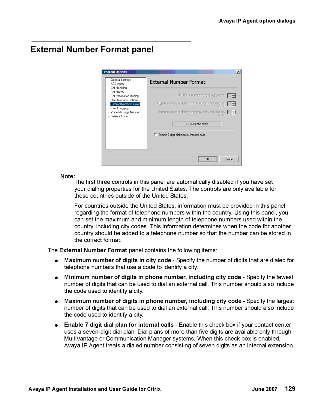 Avaya 7 manual External Number Format panel 