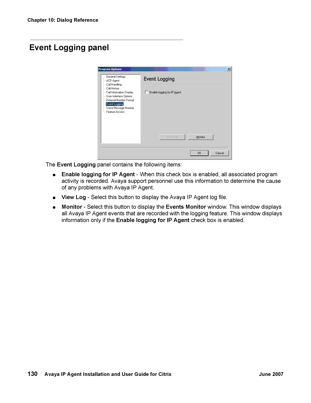 Avaya 7 manual Event Logging panel 