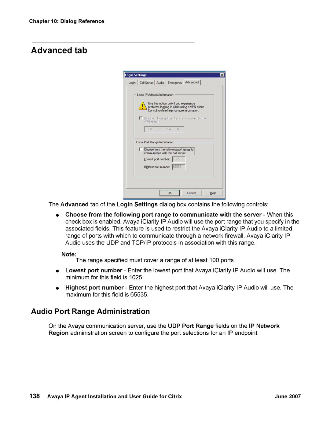 Avaya 7 manual Advanced tab, Audio Port Range Administration 