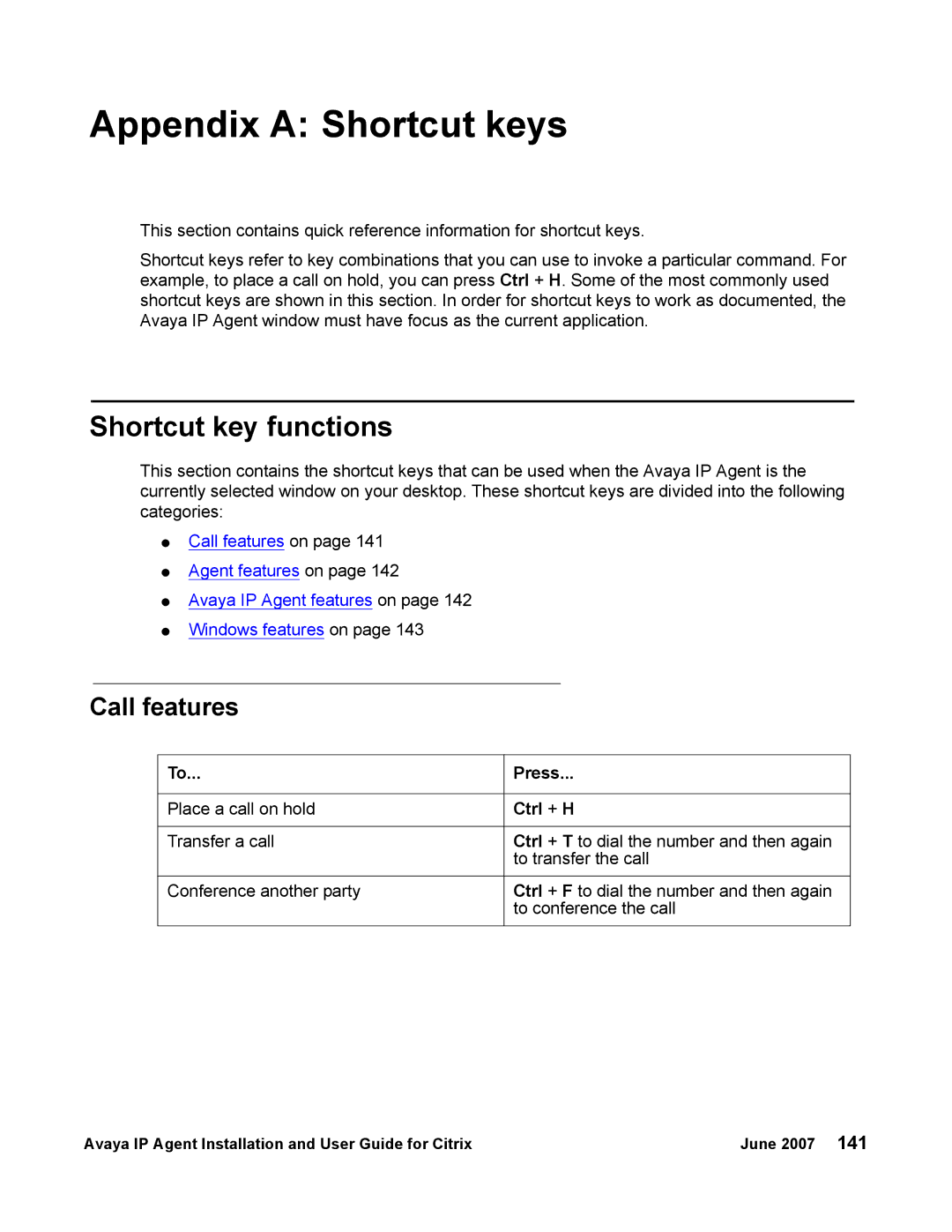 Avaya 7 manual Appendix a Shortcut keys, Shortcut key functions, Call features, Press, Ctrl + H 