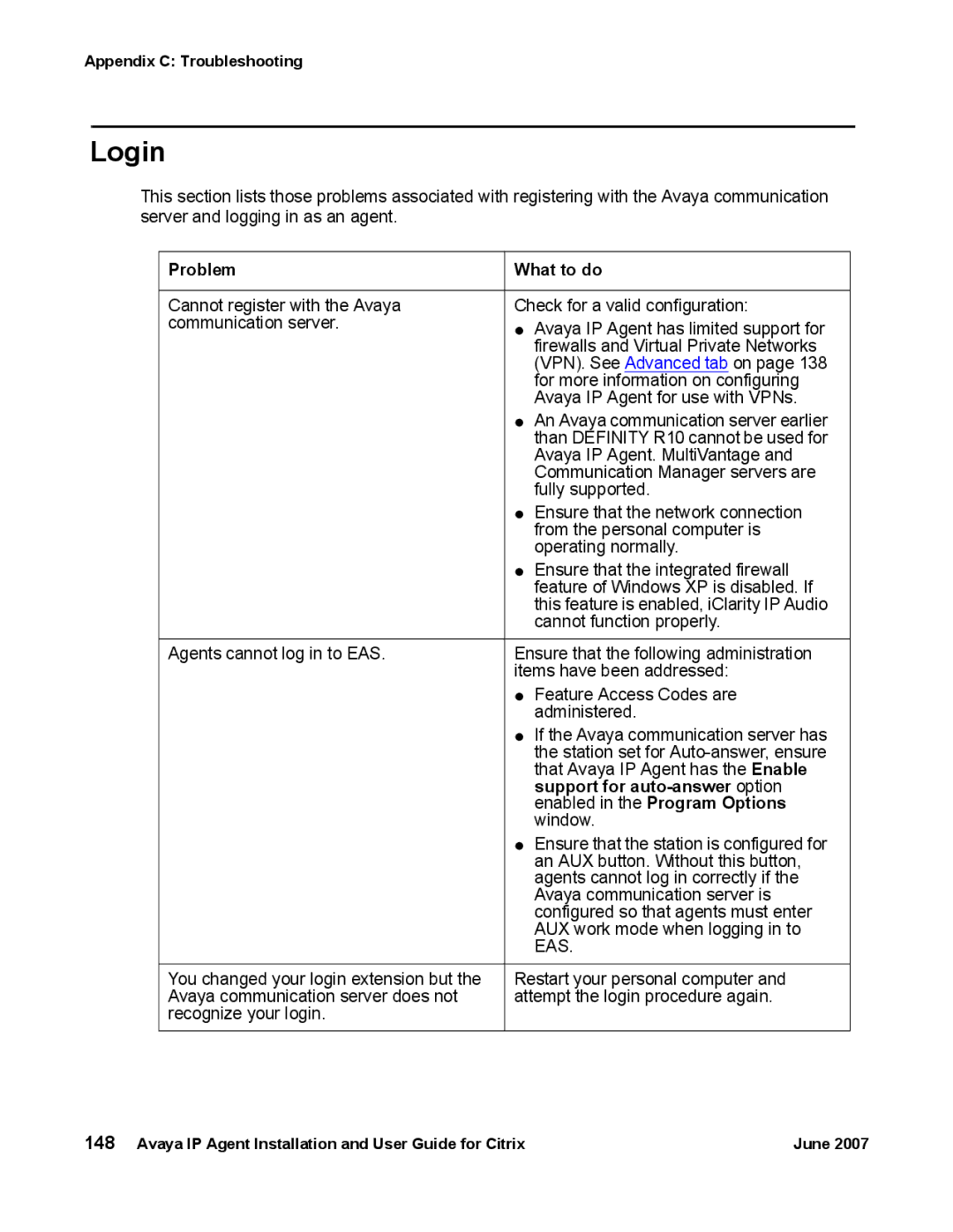 Avaya 7 manual Login, Problem What to do, Support for auto-answer option 