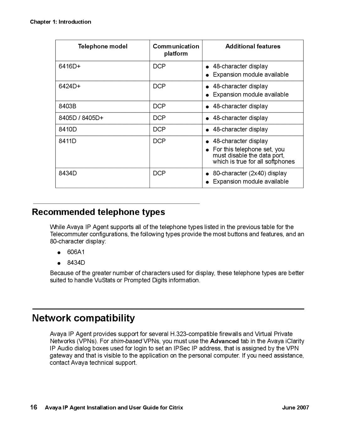 Avaya 7 manual Network compatibility, Recommended telephone types 