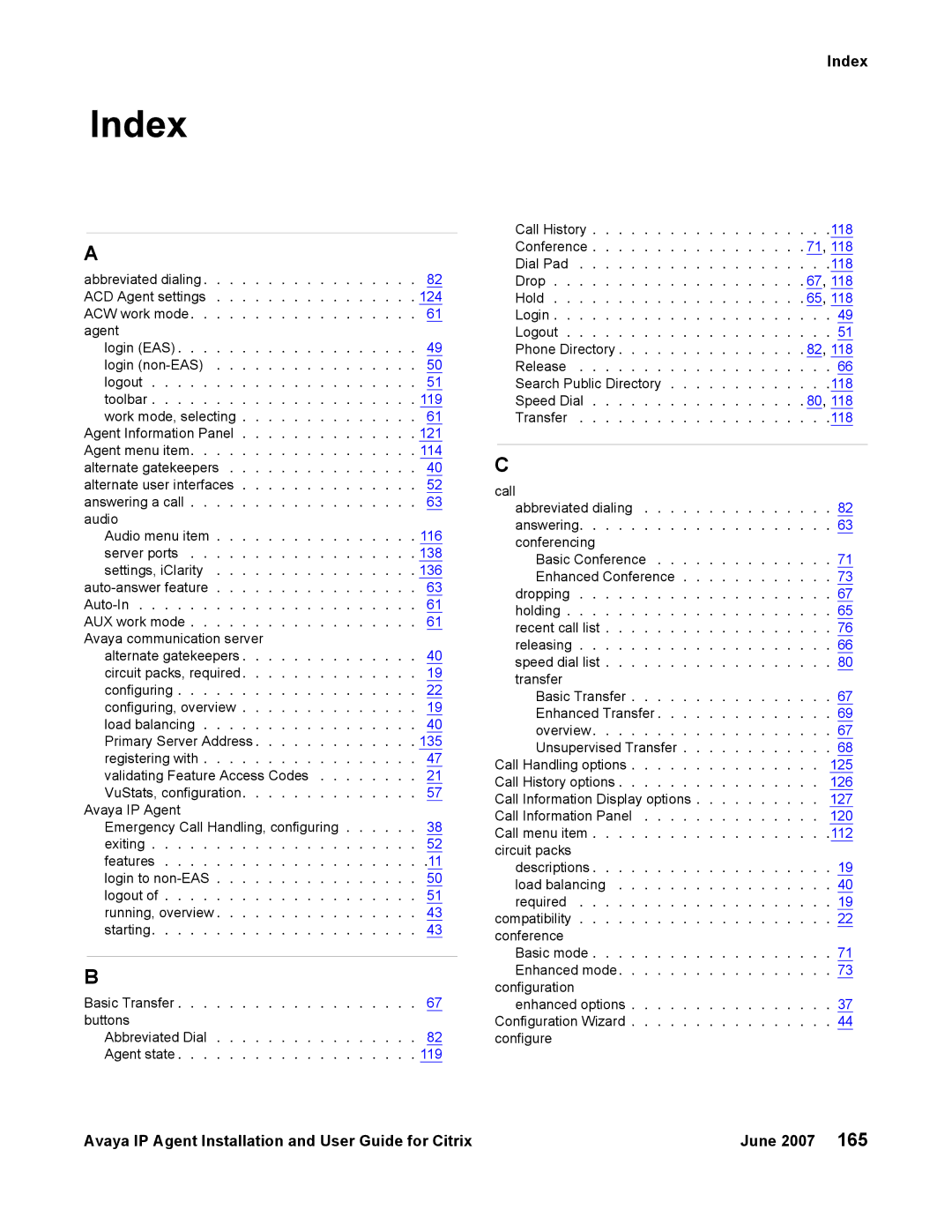 Avaya 7 manual Index 