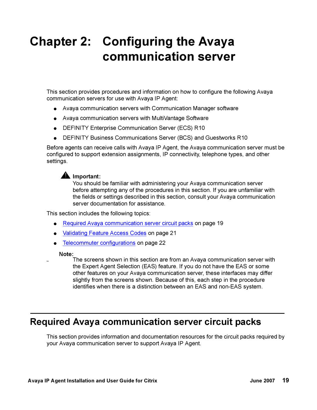 Avaya 7 manual Configuring the Avaya communication server, Required Avaya communication server circuit packs 