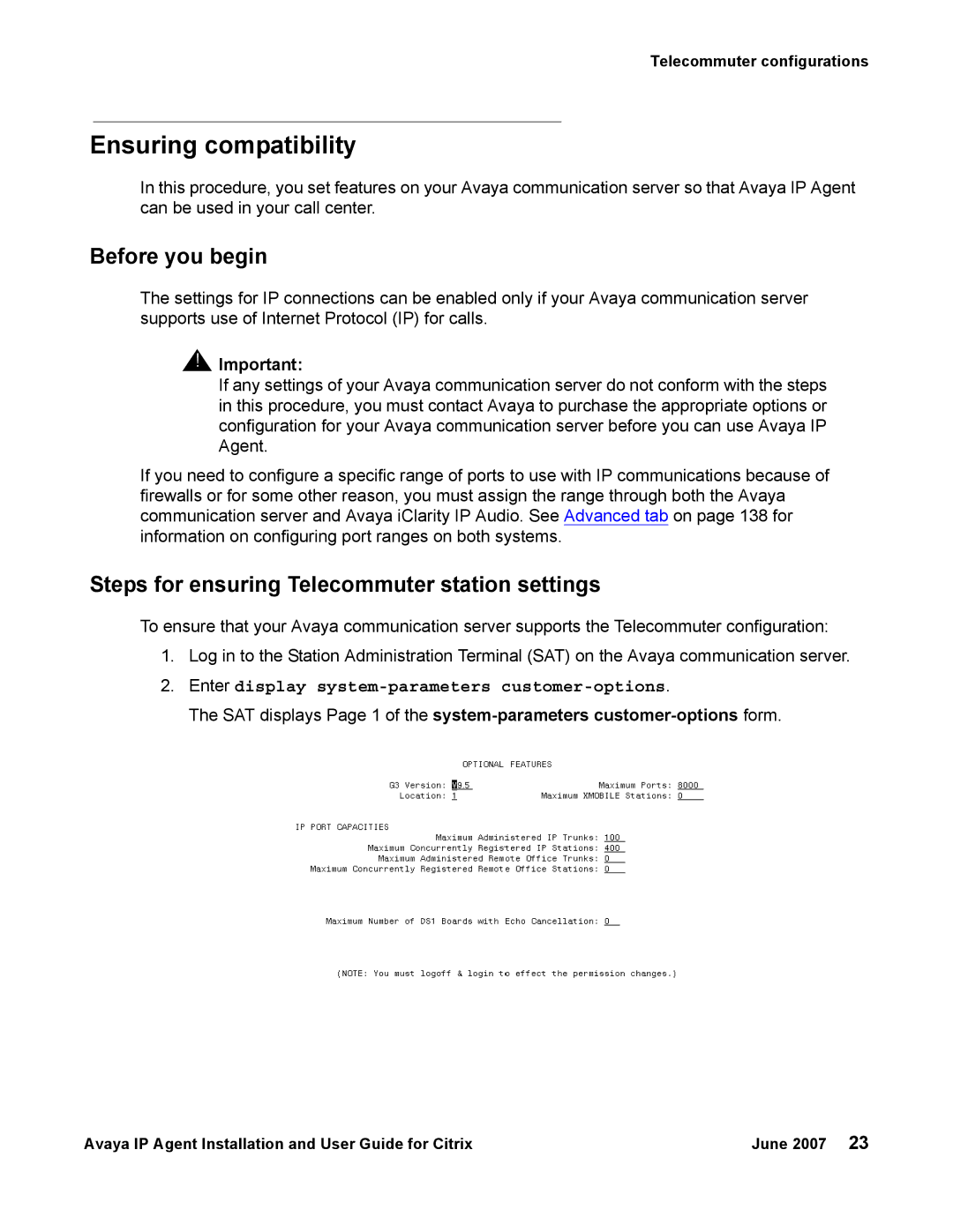 Avaya 7 manual Ensuring compatibility, Before you begin, Steps for ensuring Telecommuter station settings 