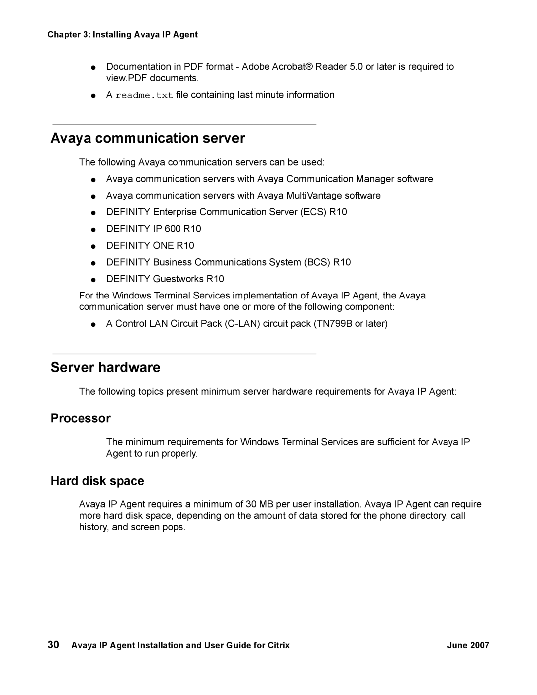 Avaya 7 manual Avaya communication server, Server hardware, Processor, Hard disk space 