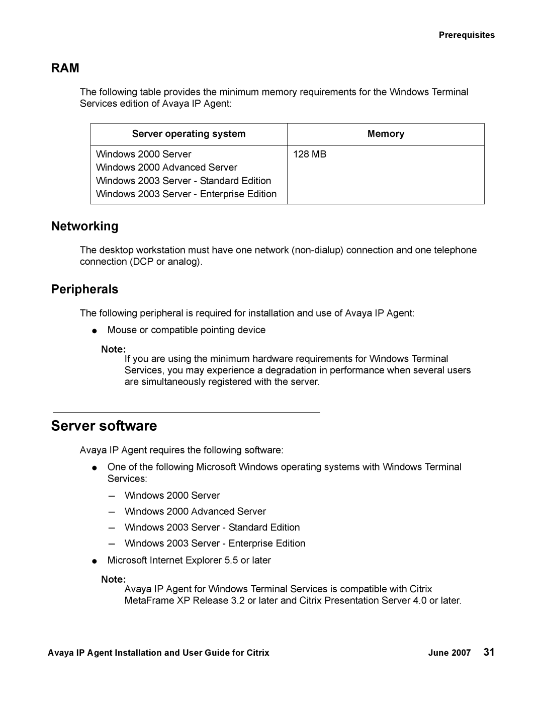 Avaya 7 manual Server software, Networking, Peripherals, Server operating system Memory 