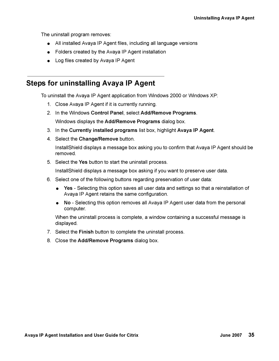Avaya 7 manual Steps for uninstalling Avaya IP Agent 