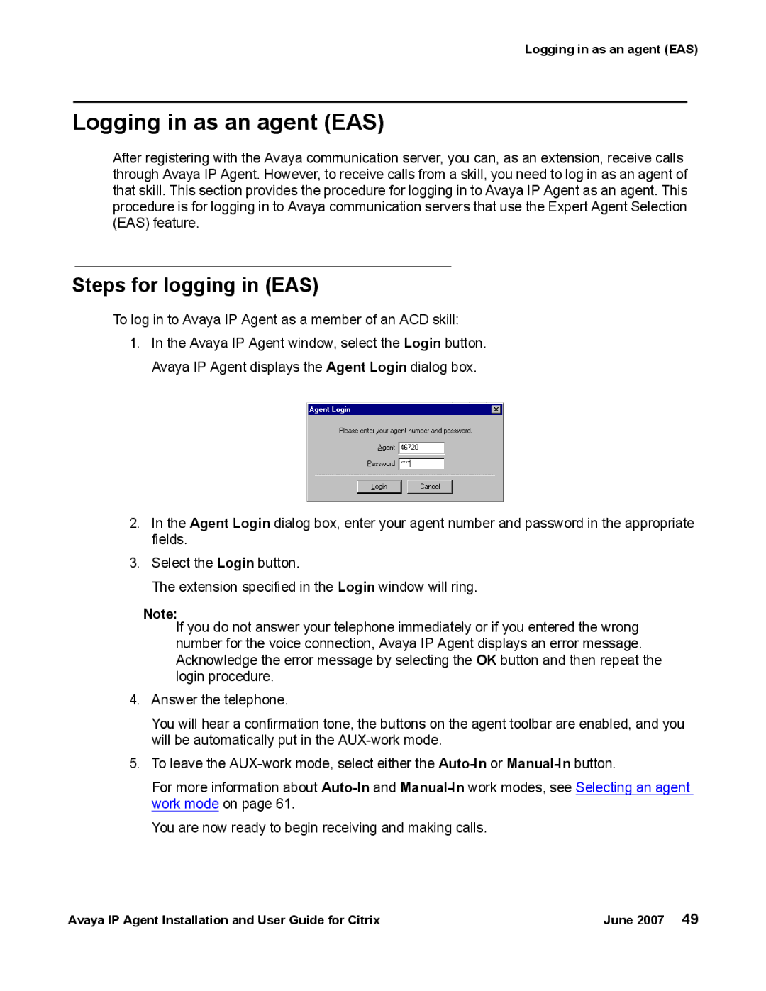 Avaya 7 manual Logging in as an agent EAS, Steps for logging in EAS 