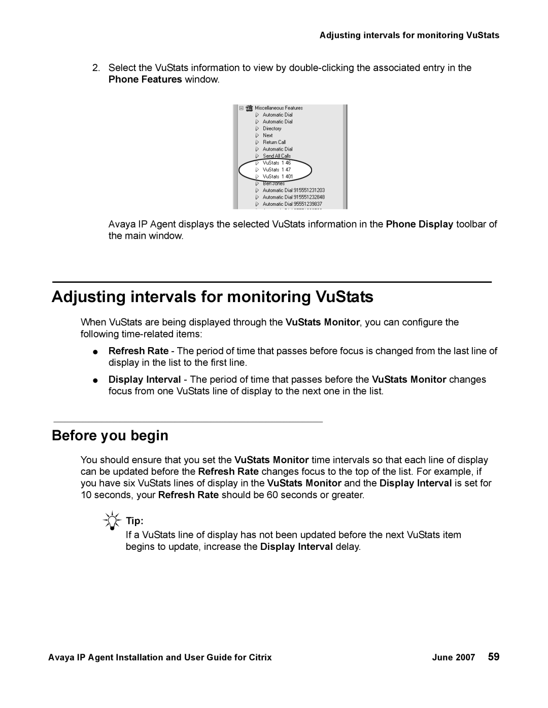 Avaya 7 manual Adjusting intervals for monitoring VuStats, Tip 