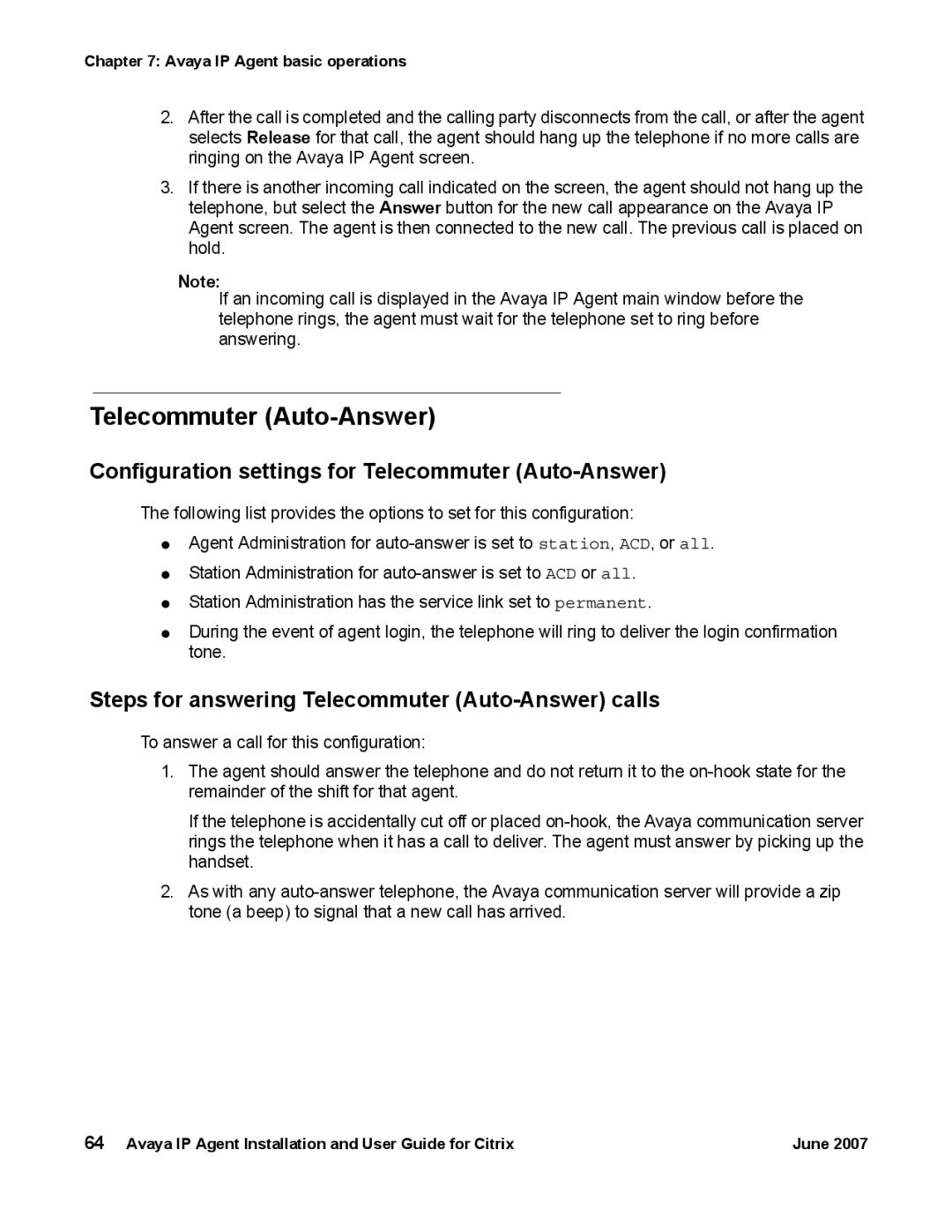 Avaya 7 manual Configuration settings for Telecommuter Auto-Answer, Steps for answering Telecommuter Auto-Answer calls 