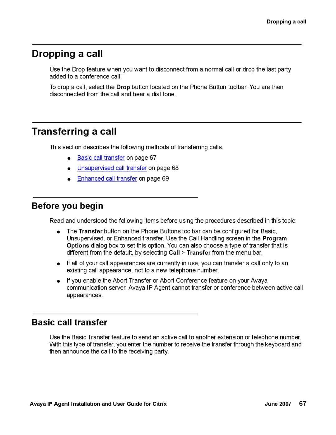 Avaya 7 manual Dropping a call, Transferring a call, Basic call transfer 