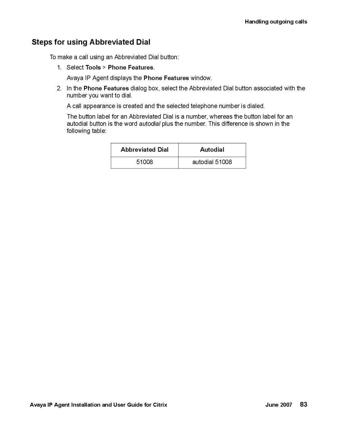 Avaya 7 manual Steps for using Abbreviated Dial, Select Tools Phone Features, Abbreviated Dial Autodial 51008 