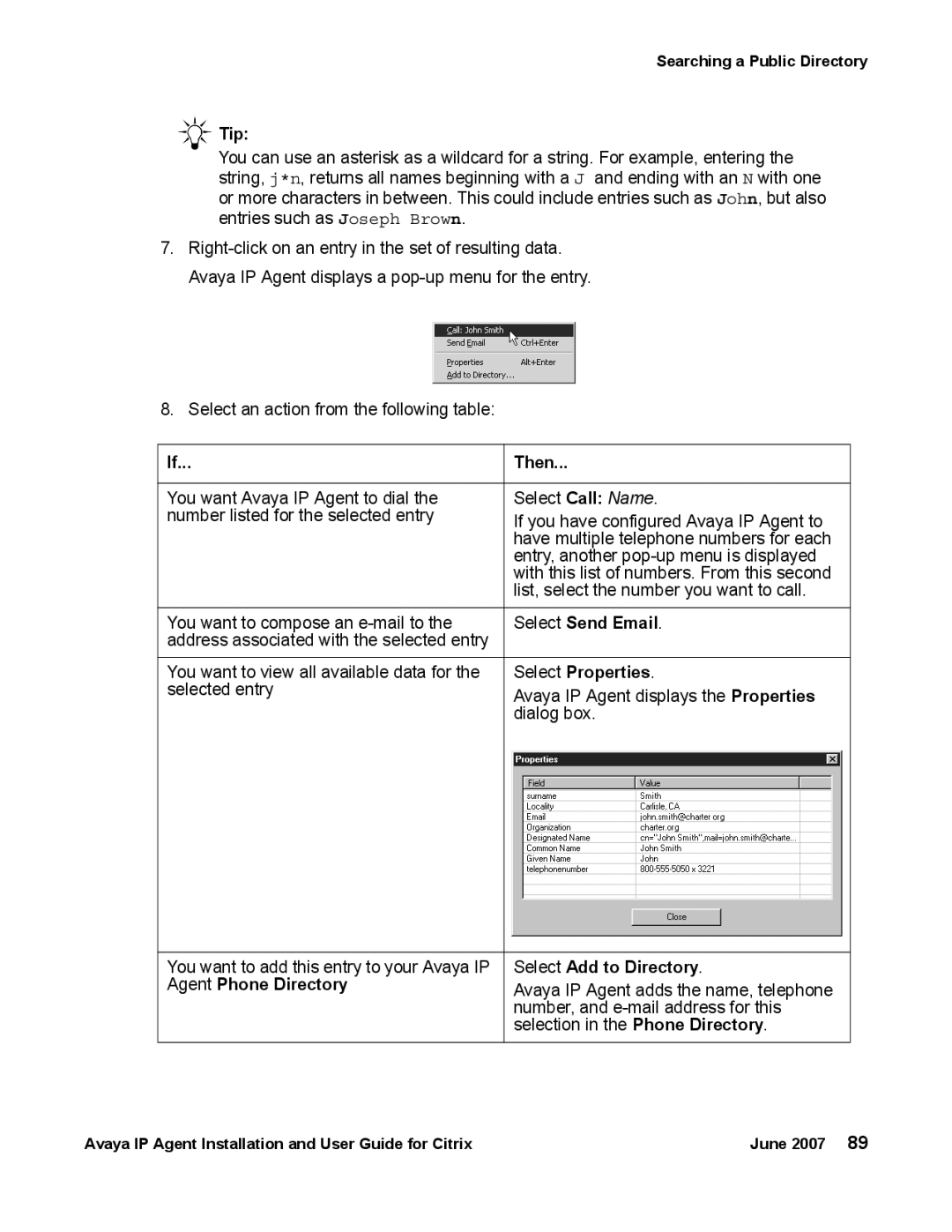 Avaya 7 manual Select Send Email, Select Properties, Select Add to Directory, Agent Phone Directory 