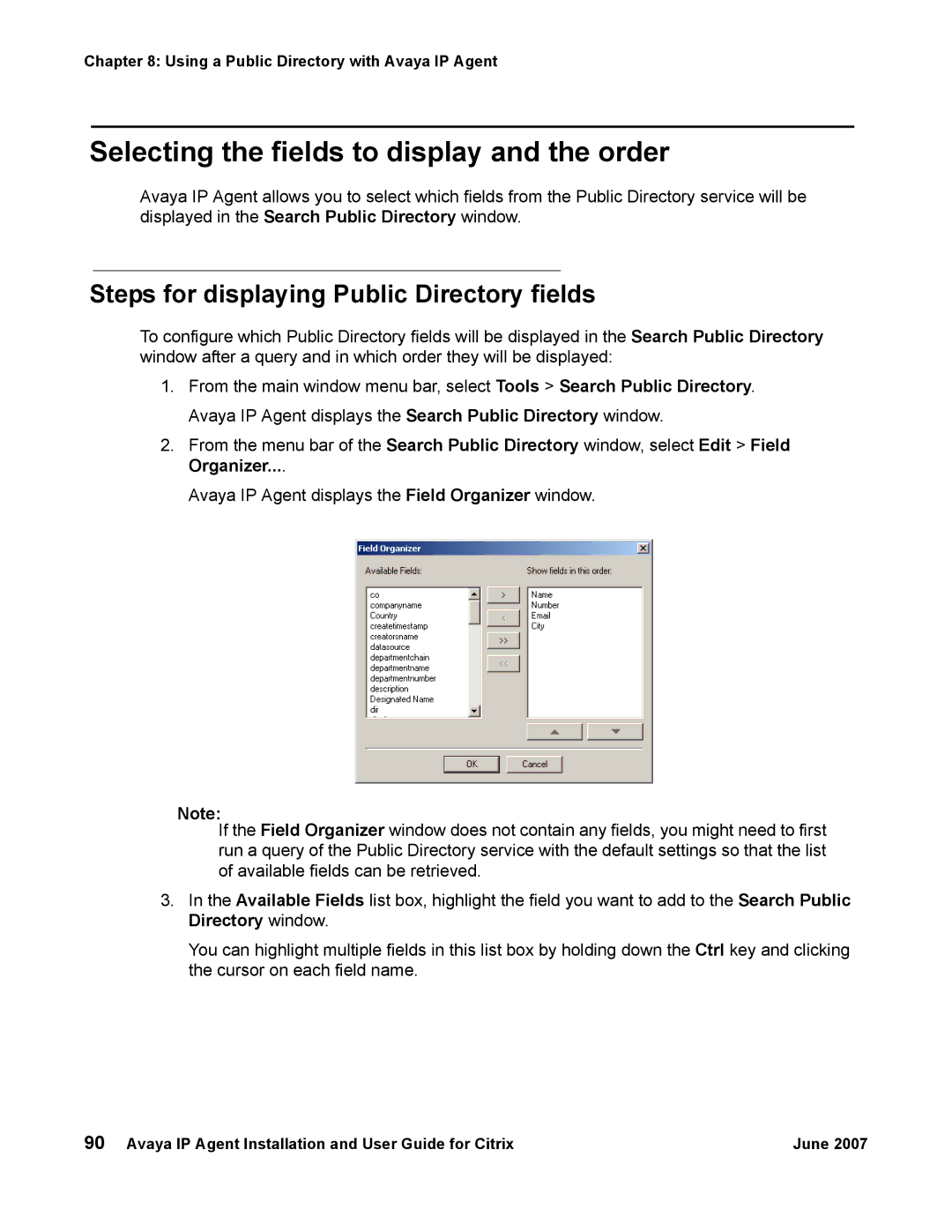 Avaya 7 manual Selecting the fields to display and the order, Steps for displaying Public Directory fields 