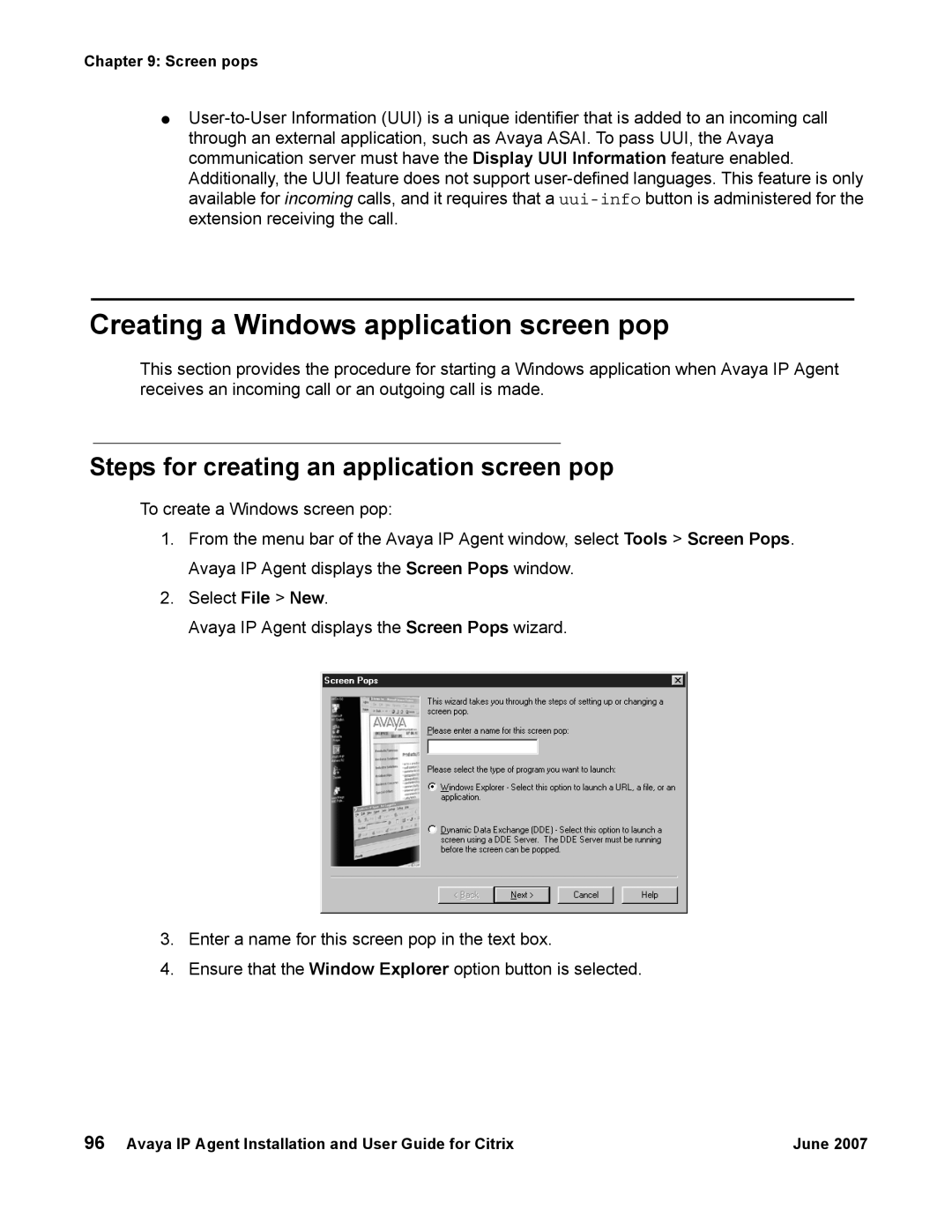 Avaya 7 manual Creating a Windows application screen pop, Steps for creating an application screen pop 