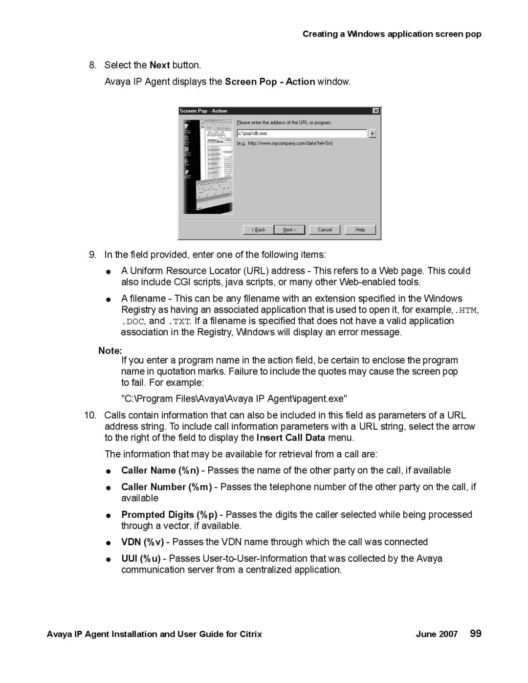 Avaya 7 manual Creating a Windows application screen pop 