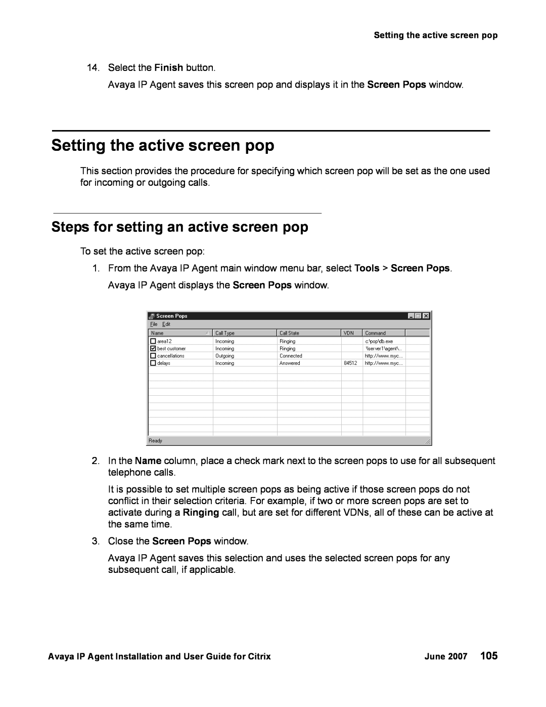 Avaya 7 manual Setting the active screen pop, Steps for setting an active screen pop 