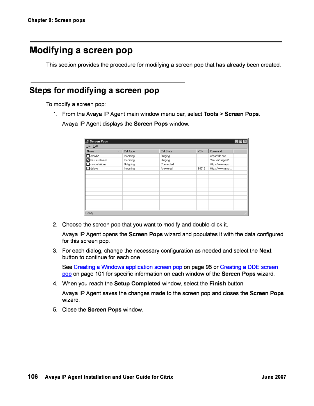 Avaya 7 manual Modifying a screen pop, Steps for modifying a screen pop 