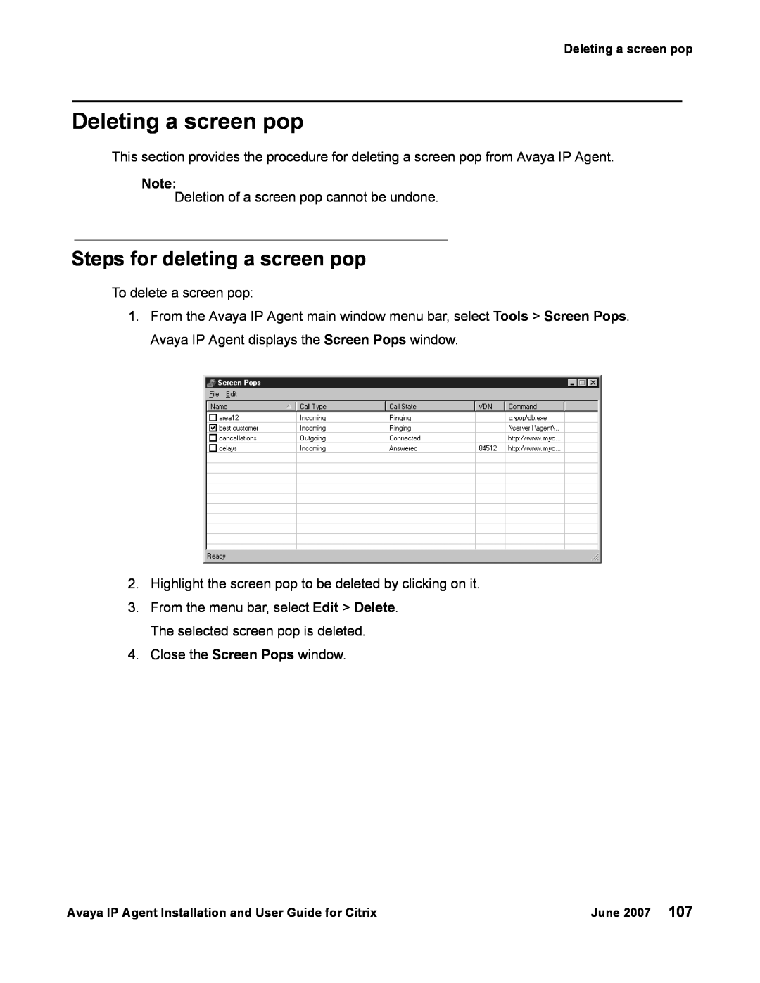 Avaya 7 manual Deleting a screen pop, Steps for deleting a screen pop 