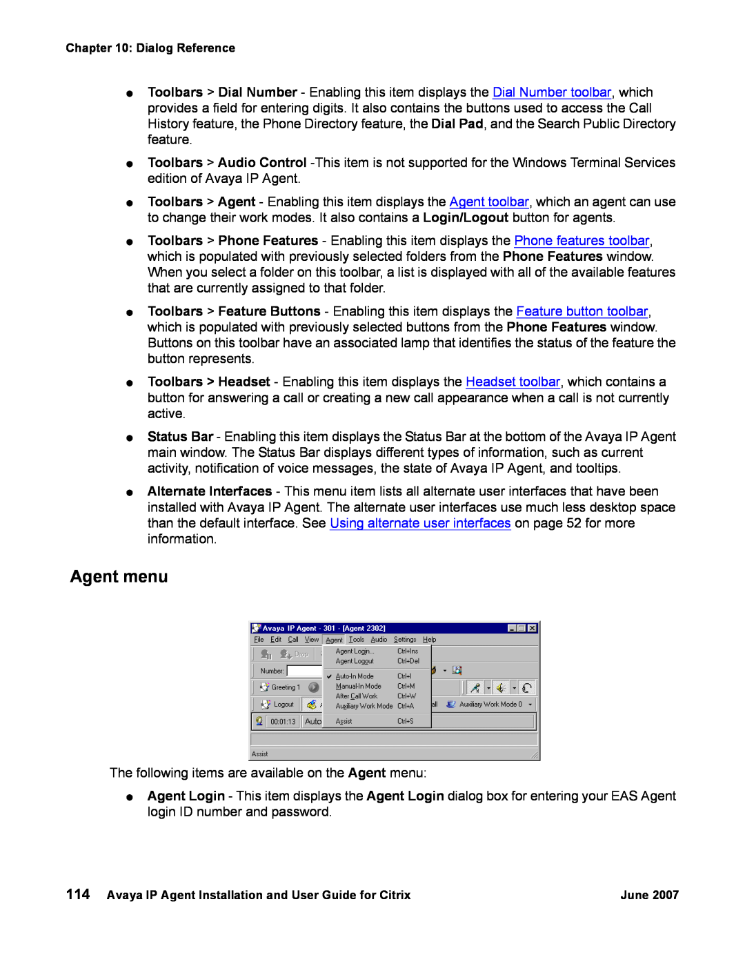 Avaya 7 manual Agent menu 