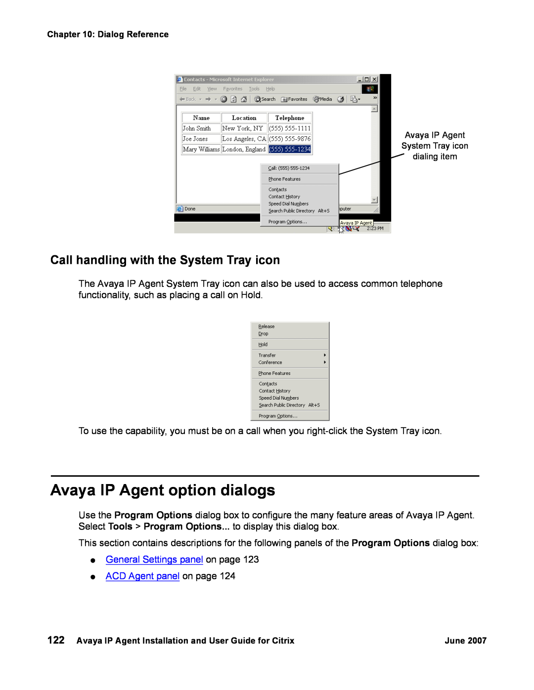 Avaya 7 manual Avaya IP Agent option dialogs, Call handling with the System Tray icon 