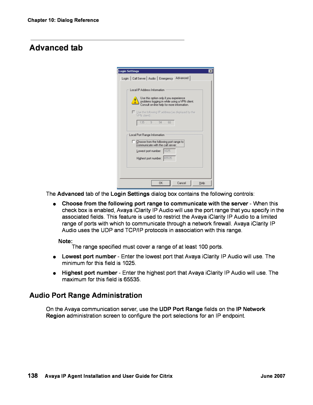 Avaya 7 manual Advanced tab, Audio Port Range Administration 
