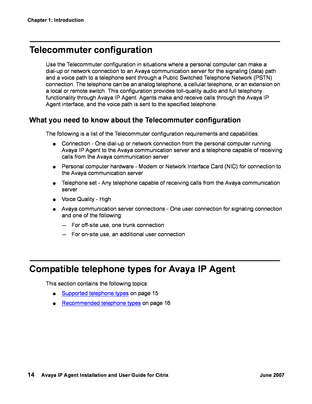 Avaya 7 manual Telecommuter configuration, Compatible telephone types for Avaya IP Agent 