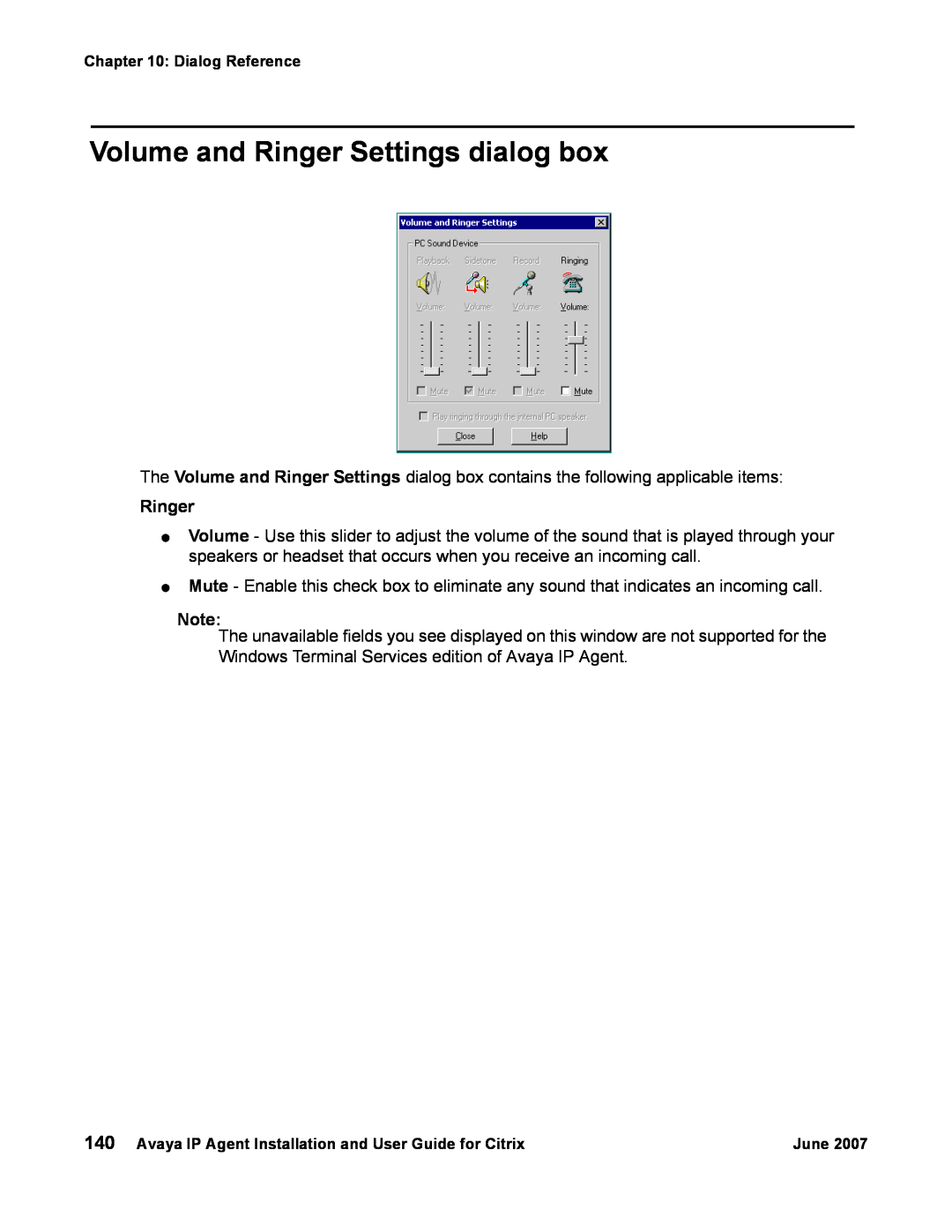 Avaya 7 manual Volume and Ringer Settings dialog box 