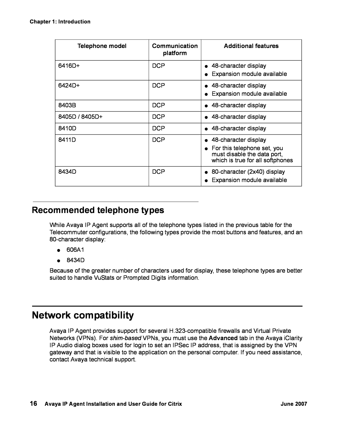 Avaya 7 manual Network compatibility, Recommended telephone types 